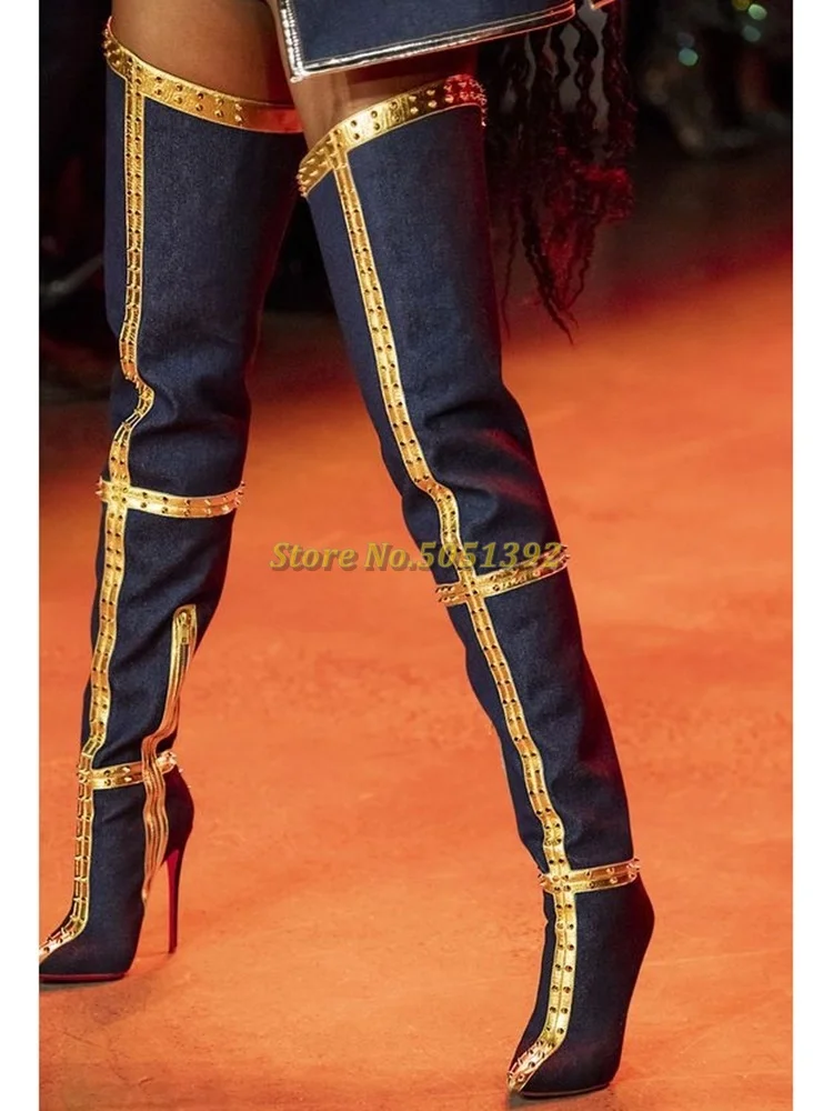 

Rivet Over The Knee Thigh High Boots Stiletto High Heel Runway Dress Boots Mixed Color Zipper Pointed Toe Custom Made Shoes