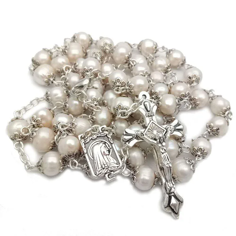 Religious natural freshwater pearl rosary high quality curved needle cross necklace Catholic and can be given as gift can prayer