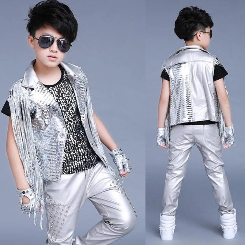 Jazz Costumes Children Silver Sequined Tassel Coat Boys Rock Drum Show Set Hip Hop Stage Outfit Street Dancewear Kids DNV11852