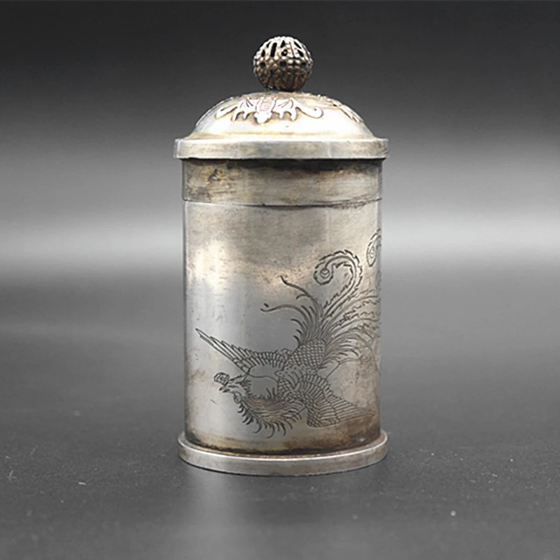 Chinese classical collection home decoration antique Tibetan silver dragon and phoenix tobacco box toothpick storage box Fushou
