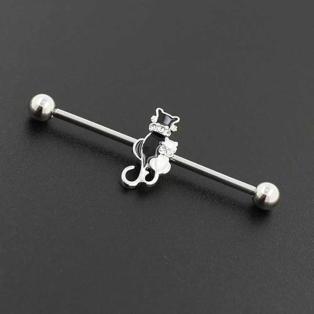 JHJT 14G Piercing Industrial Barbell Cute Cat Stainless Steel Cartilage Earring Ear Ring Body Jewelry