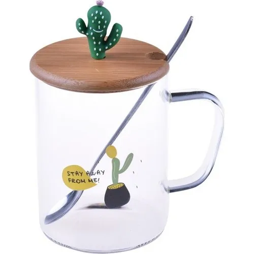 The DRC Valentine Gift Bamboo Glass Mug With Lid Cactus