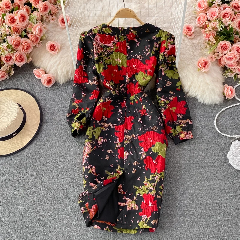 New Fall Vintage Jacquard Office Work Dress Women V-neck Puff Sleeve Print Slim Fit Slit Party Bodycon Designer Dresses