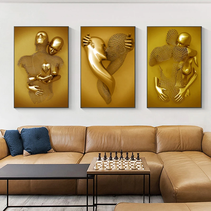 

Golden Metal Figure Statue Sculpture Art Posters Print Abstract Lover Canvas Paintings on The Wall Art Pictures for Home Decor