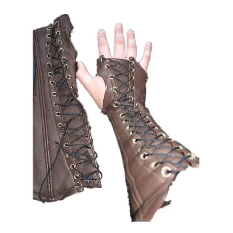 Gants longs sans doigts en cuir pour hommes et femmes, poignets à lacets, armure médiévale, gantelet Steampunk, accessoire de bras de costume d'archer