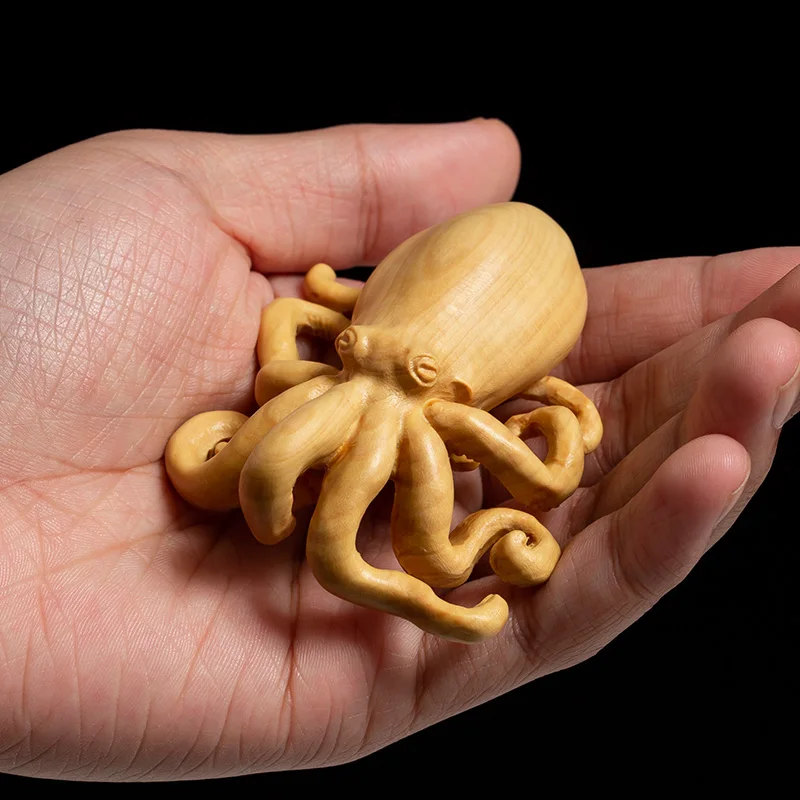 Hand-Carved Octopus Feng Shui Palm-Sized Sculpture - Exquisite Wooden Miniature Animal Decor for Enhancing Home and Office