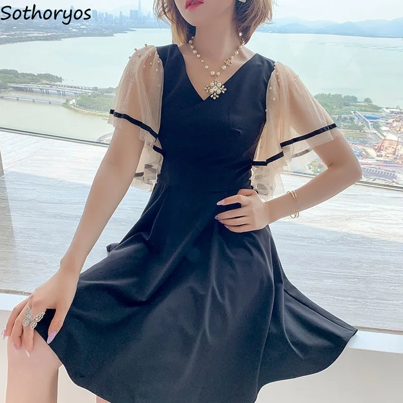 

Black Dresses Short Butterfly Sleeve Patchwork V-neck Female High Waist Hugging Knee Length Dress A-line Korean Stylish Vestidos