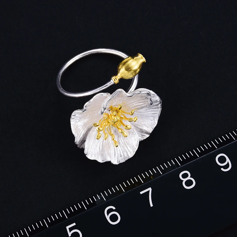 Lotus Fun Real 925 Sterling Silver Handmade Fine Jewelry Blooming Poppies Flower Jewelry Set for Women