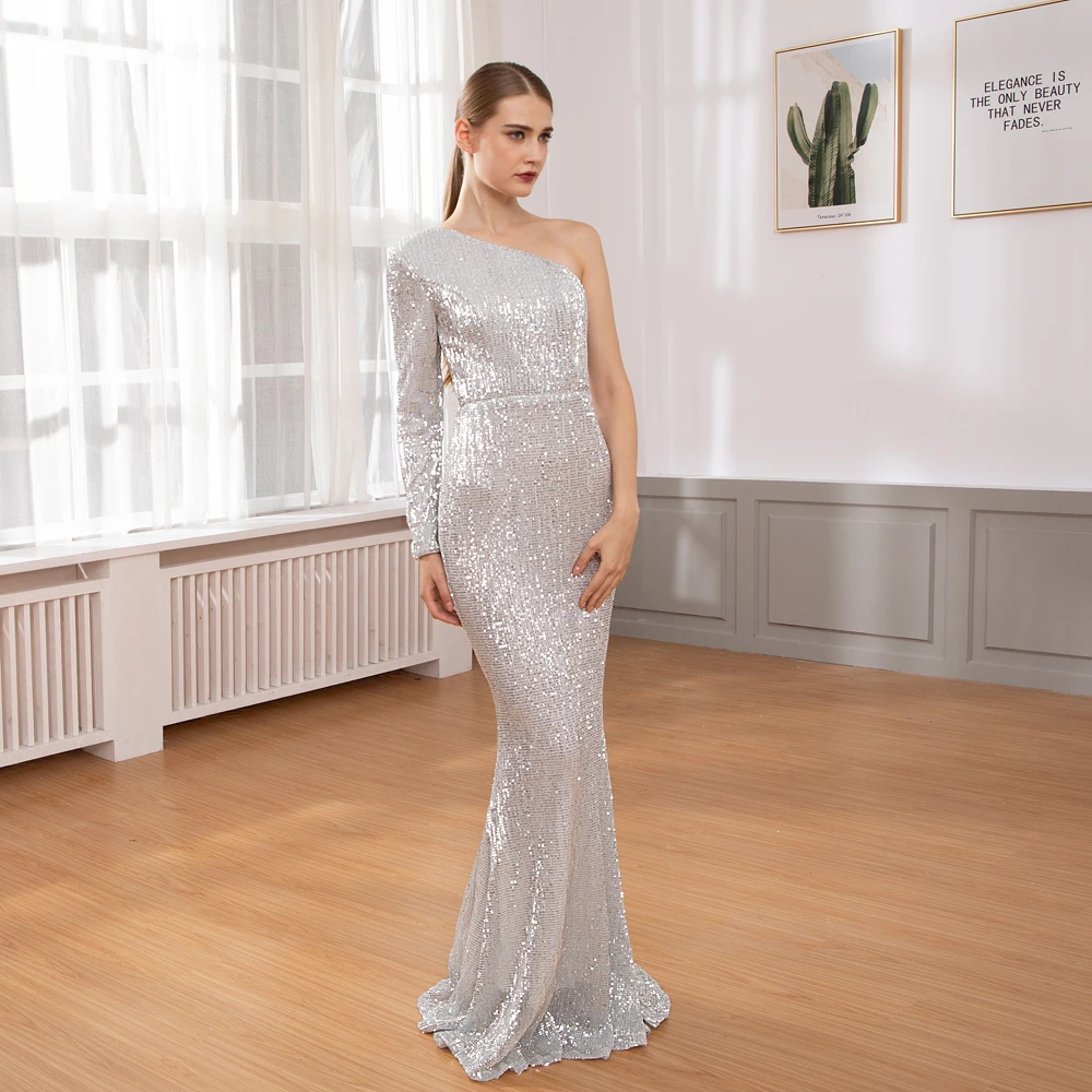 One Shoulder Silver Green Sequined Maxi Dress Elegant Single Sleeve Bodycon Floor Length Night Dress Gown XL