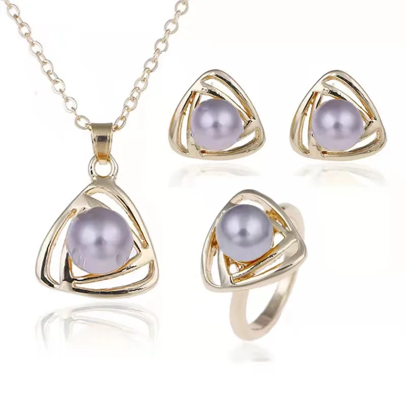 2021 Fashion casual triangular pearl Hollow out necklace + stud + ring 3 piece set Women's classic accessories jewelry set