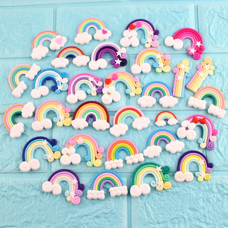 10Pcs Cute Polymer Clay Rainbow Ornaments DIY Craft Supplies Phone Shell Decor Kids Hairpin Pendant Jewelry Sewing Accessories