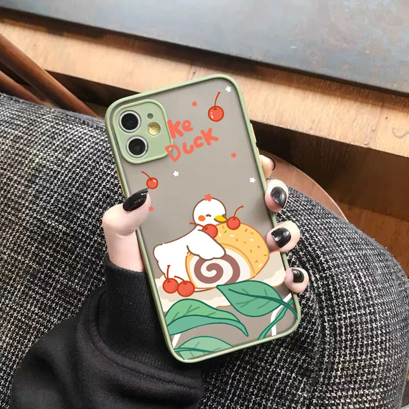 GYKZ Cute Fruit Peach Clear Phone Case For iPhone12 11Pro XS MAX XR X SE20 7 8Plus Duck Patten Hard Matte Cover Shockproof Shell