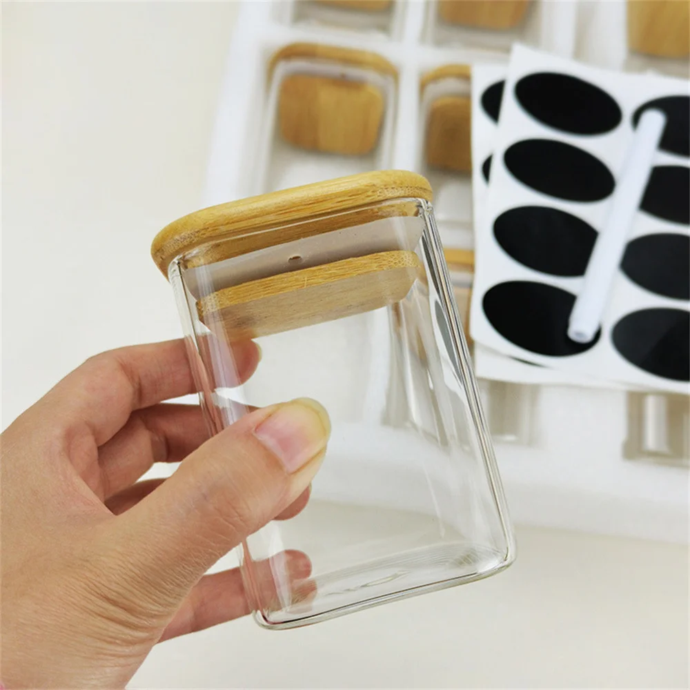 12pcs Set of Square/Round Spice Glass Jars with Bamboo Lids & Labels Food Storage Containers for Home Kitchen Accessories