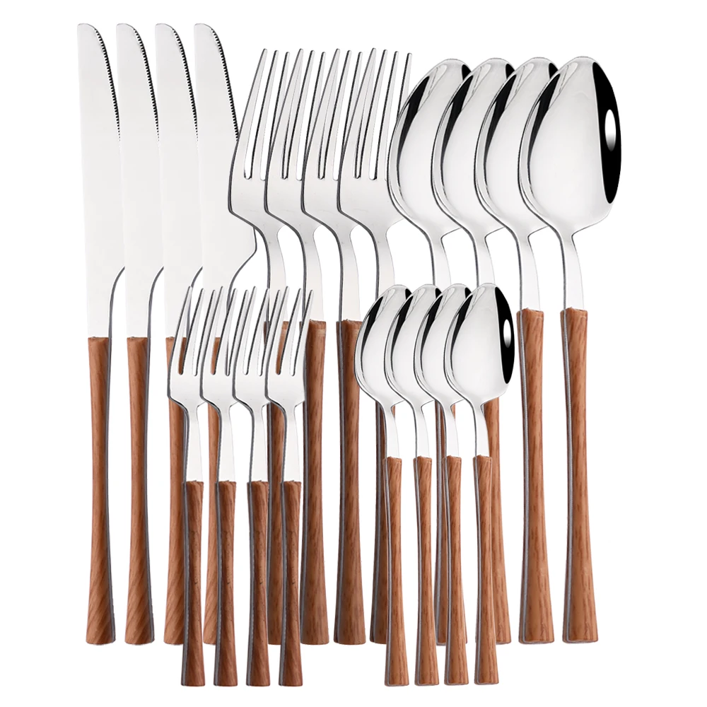 Dinner Silver Stainless Steel Imitation Wooden Handle Dinnerware Knife Coffee Spoon Tea Fork Cutlery Set Tableware Flatware