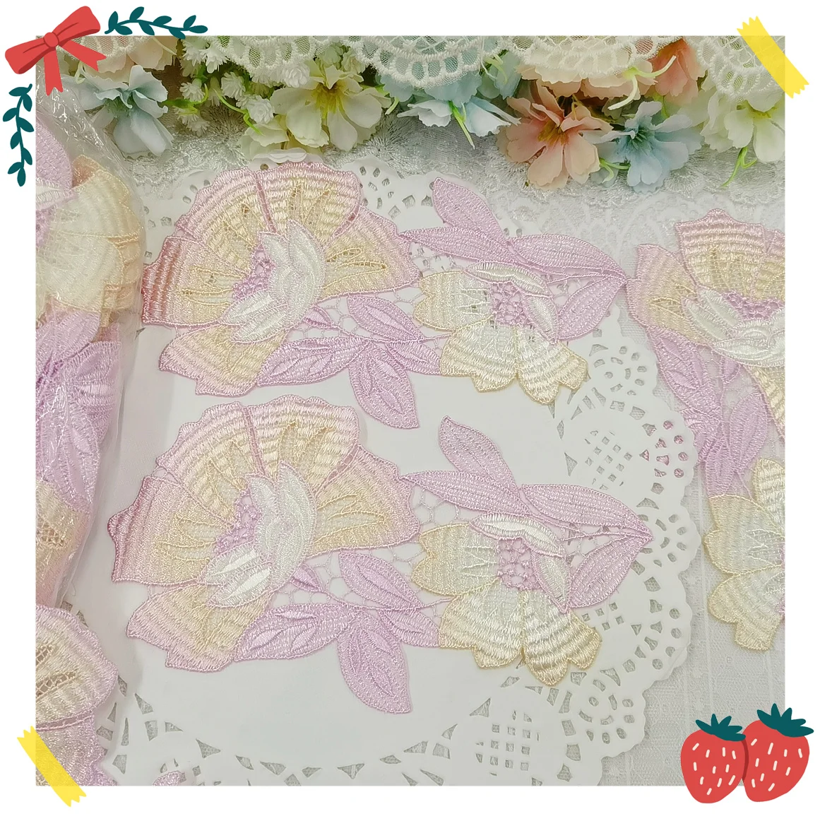 (5 개/몫) 10*16.5cm 보라색 노란색 혼합 바느질 큰 중공 꽃 모티브 Venise 레이스 Applique 의류 자수 레이스 패치