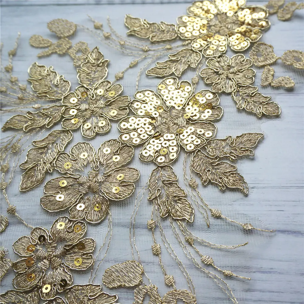 2PCS Gold Sequin Flower Tassel Wedding Gown Appliques Lace Fabric Embroidered Trims Collar Mesh Sew Patch For Dress DIY Decorat