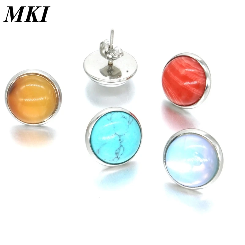 20 Colors Natural Stone Stud Necklace 12mm Stainless Steel Druzy Crystal Earrings Metal Pendant Jewelry Women Men Gift