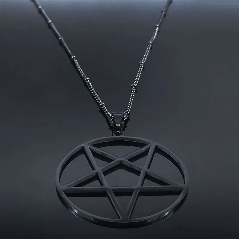 Fashion Witchcraft Satan Pentagram Stainless Steel Chain Necklace Women Black Color Charm Big Necklace Jewelry N3672S03