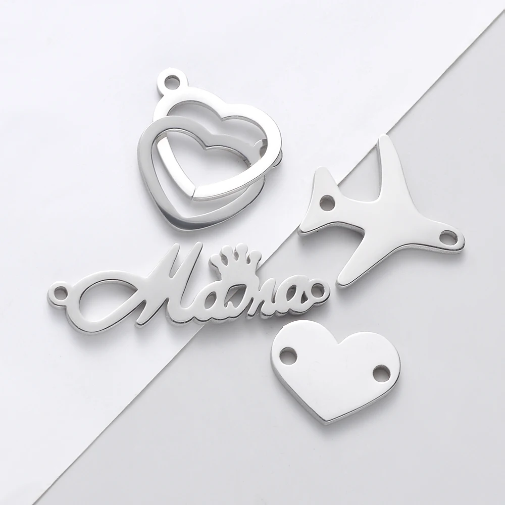 

10Pcs/Lot Mirror Polish Stainless Steel Airplane Mom Heart Charms Two Holes For DIY Making Necklace Bracelet Fashion jewelry