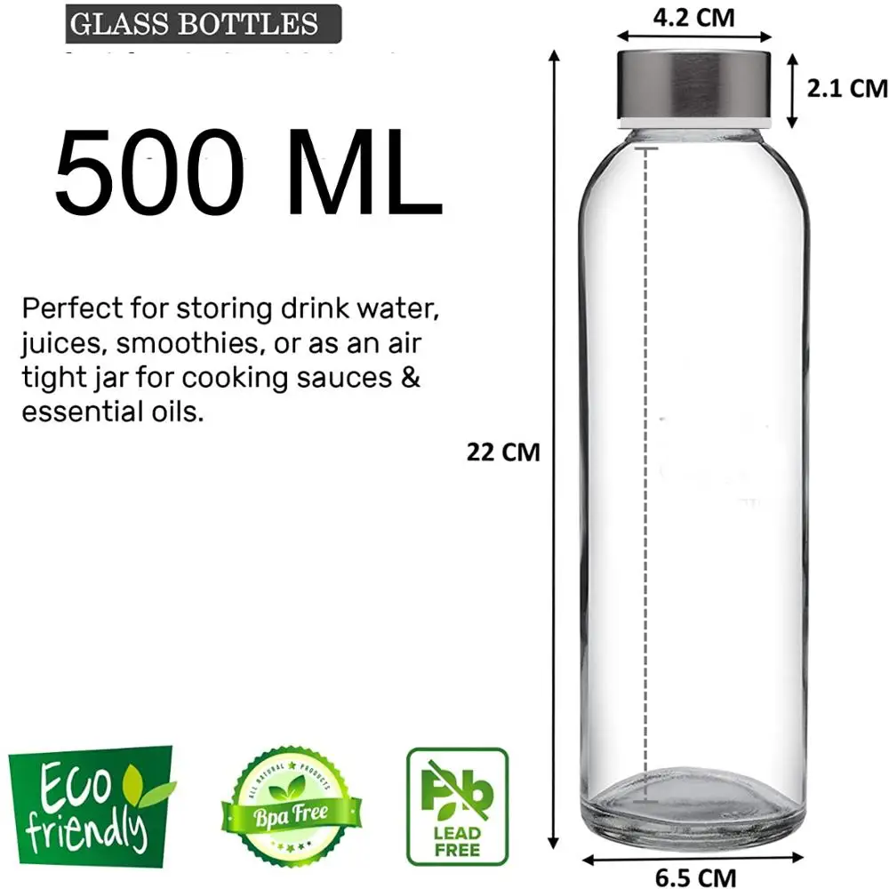 Glass Water Bottles Stainless Steel Leak Proof Lid Soda Lime  Reusable Drinking Bottle Sauce Jar Juice Beverage Container