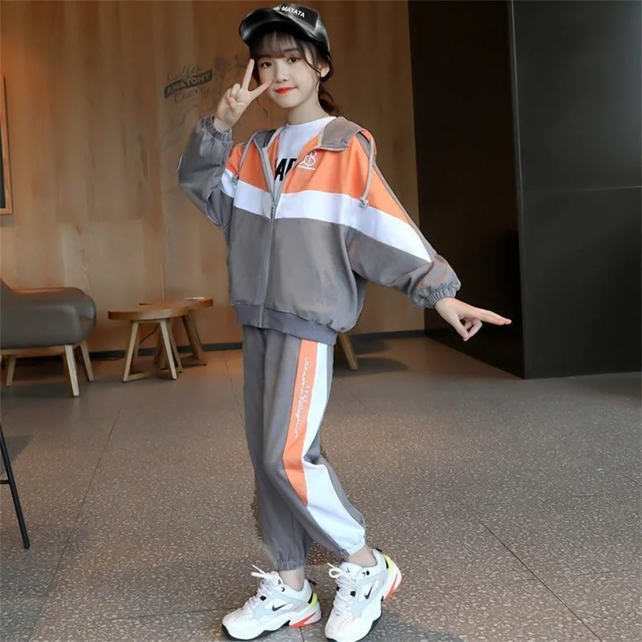 Girls Clothes Sets Hooded Long Sleeve Jacket+Pants Sports Suit striped Set Teen Girl Tracksuits 4 6 8 10 12 Years