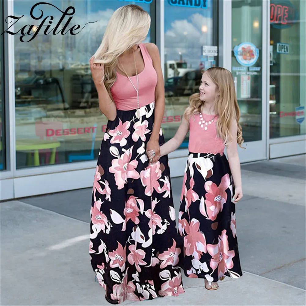 ZAFILLE Mother Kids Patchwork Floral Long Dresses Elegant Mother Daughter Matching Dress Summer Mommy and Daughter Same Clothes