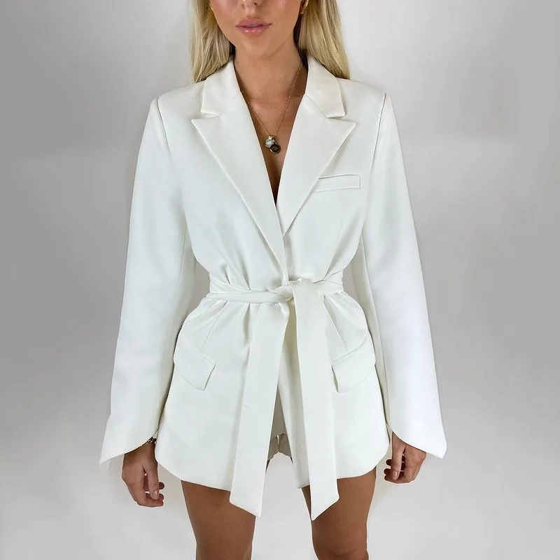 Office Ladies Blazer Dress Women Suits with Belt Outerwear Women\'s Jackets Long Sleeve Elegant White Black Jacket Female
