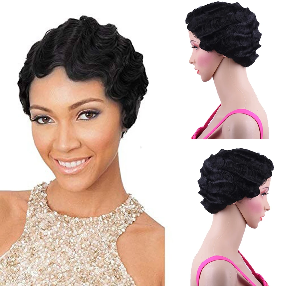 Short Curly Synthetic Wig For Black Women Heat Resistant Brown Blonde Bug African American Pixie Cut Mommy Finger Wave Wig