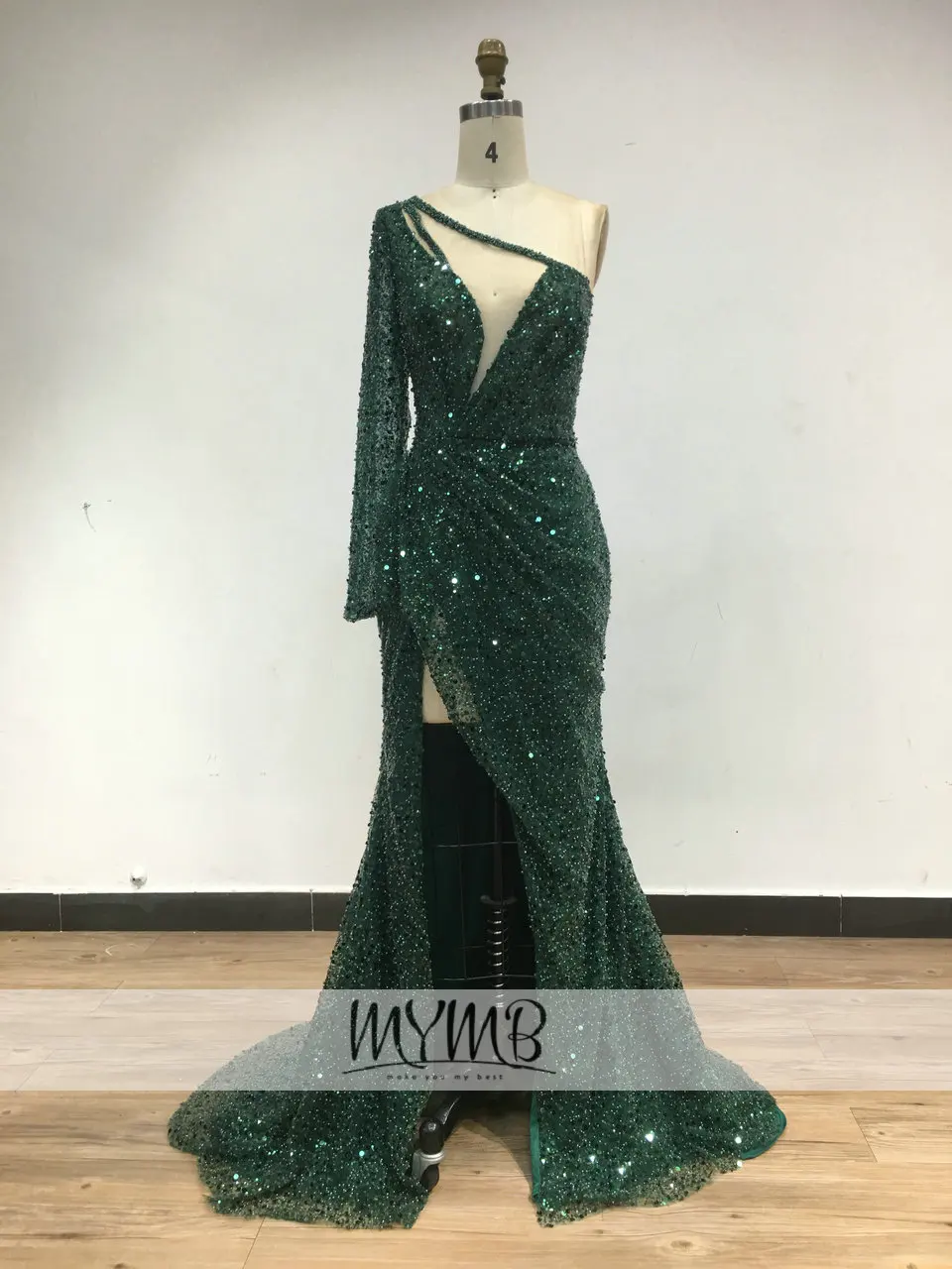 Robe de soirée pour femmes, tenue de soirée, asymétrique épaule dénudée, manches longues, bleu marine, styliste, Haute Couture, Exclusive, mariage, 2022, MY61102