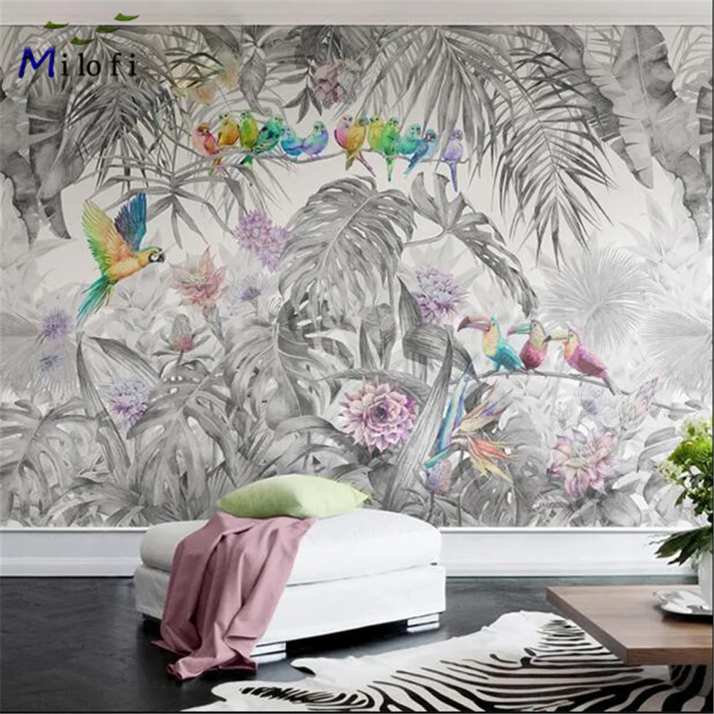 Milofi Nordic Wallpaper Tropical Rainforest Flowers and Birds Green Plants Living Room TV Background Wall Paper Mural