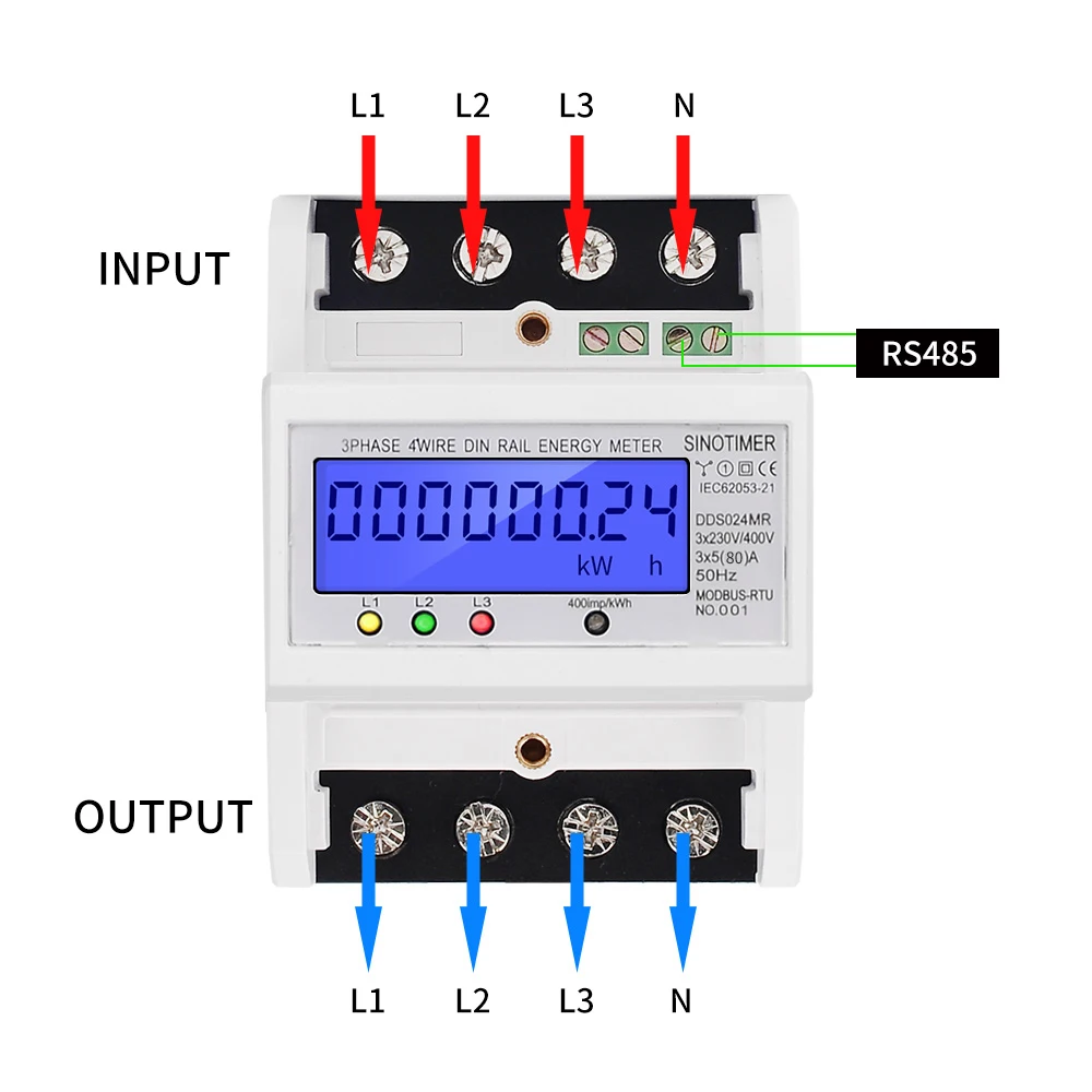 Multifunctional RS485 Modbus 3 Phase 4 Wire Electronic Wattmeter Power Consumption Energy Meter 5-80A 380V AC 50Hz Backlight