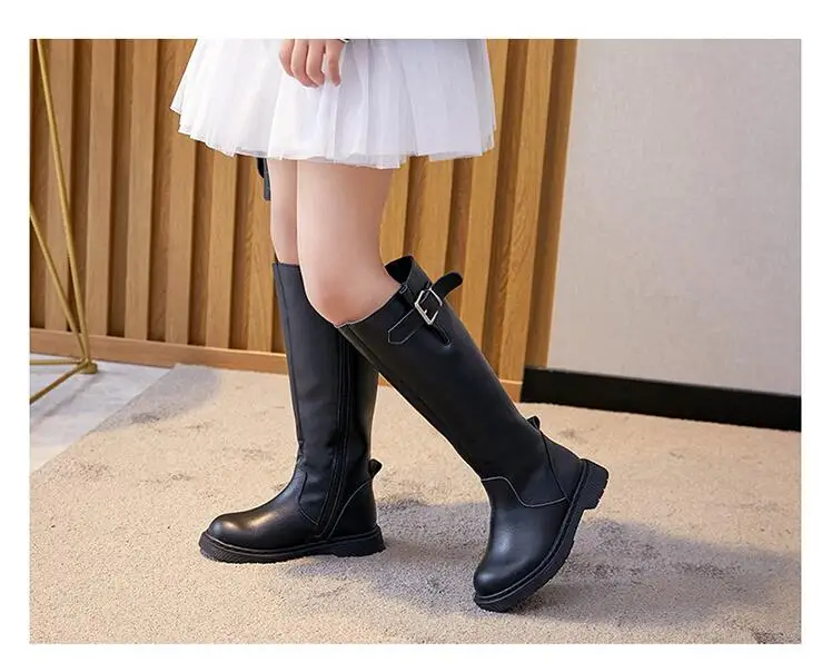 Girls High Boots Fashion Genuine Leather Shoes With Girls Children  Lace Fashion Boots Buckle Femininas Rubber Boots Winter Boot