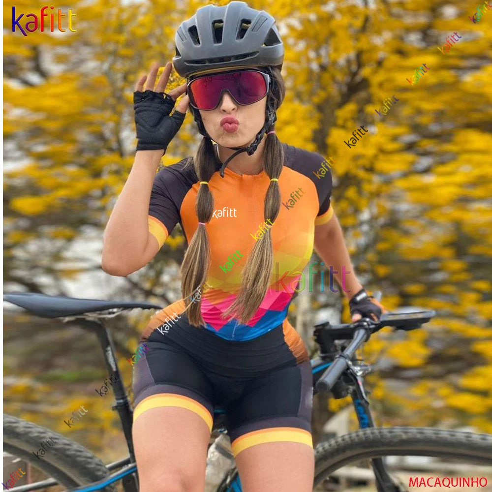 Kafitt Women's Orange Short Sleeve Cycling Clothes Triathlon Skinsuit Sets 2022 Macaquinho Ciclismo Feminino Bike Jumpsuit Kits