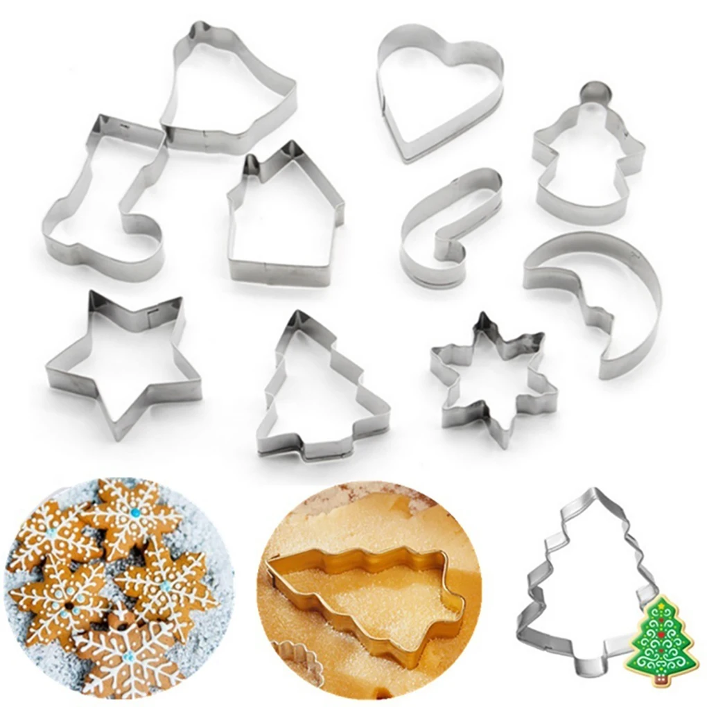 10PCS/Set Stainless Steel Christmas Cookie Cutters Xmas Tree Star House Bells Snowflake Baking Cake Biscuit Fondant Mold