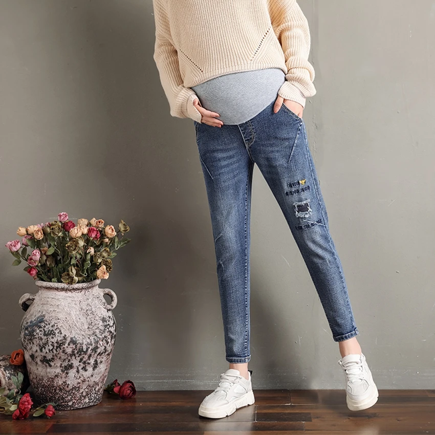 Autumn and winter embroidered pregnant women pants new outer wear jeans fashion loose casual feet pants autumn clothing