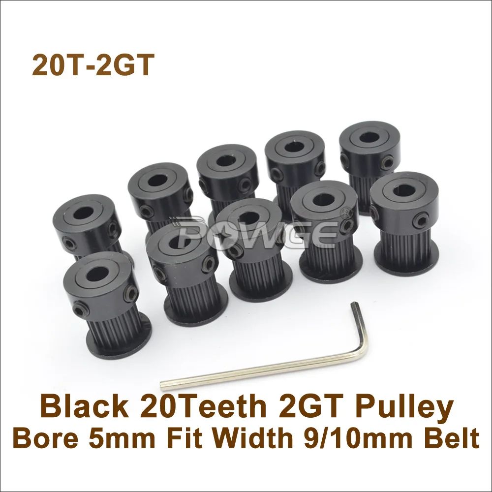 

POWGE Black Anodizing 20 Teeth 2GT Synchronous Pulley Bore 5mm For W=9/10mm 2MGT Open Timing Belt 20T 20Teeth GT2 Pulley 20-2GT