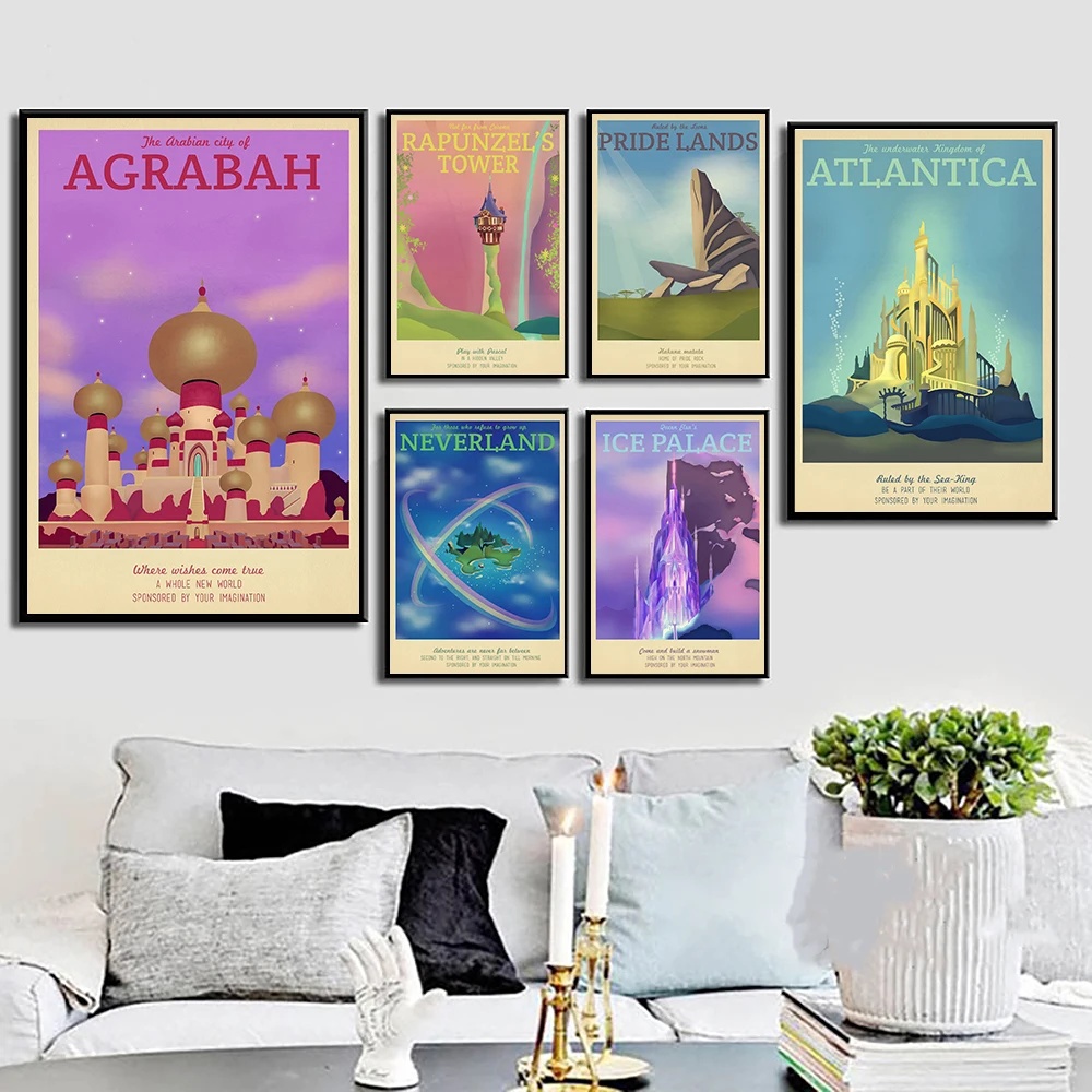 

Retro travel landscape poster children's movie typography art print canvas painting retro fairy tale movie wall picture decorati