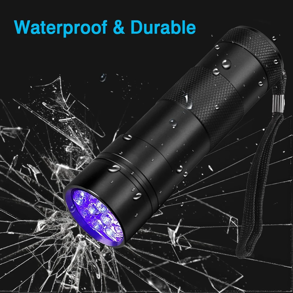 Uv-黒の防水ポータブル懐中電灯,12 LED,395nm,ミニランプ,ペット,汚れ用の懐中電灯