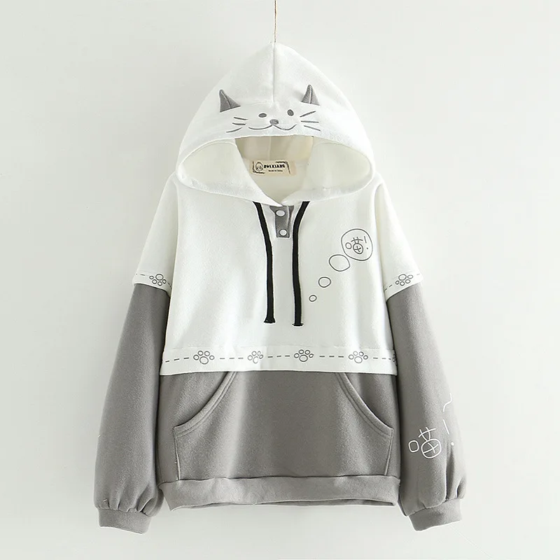 

Japanese Kawaii Cartoon Print Women Hoodie Teen Girls Cute Cat Ears Embroidery Hooded Sweatshirt Grey Funny Fleece Pullover