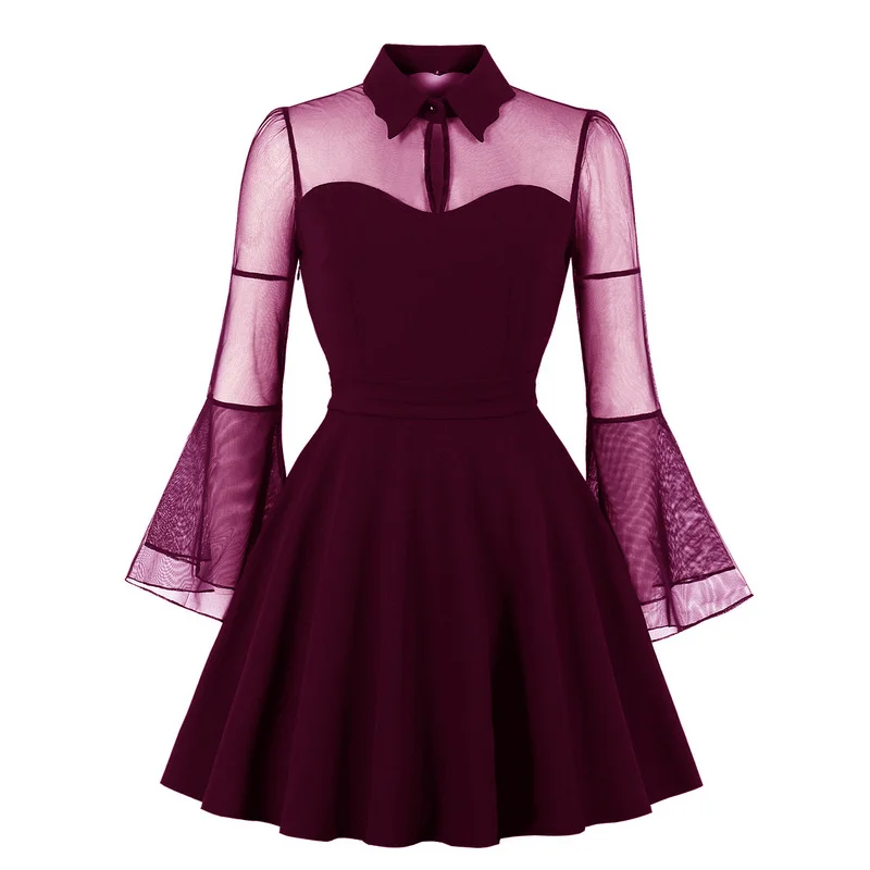 Women Sexy Mesh Dress Summer dress Lace Long Sleeve Mini Dresses Female Lace Beach Sundress Gothic