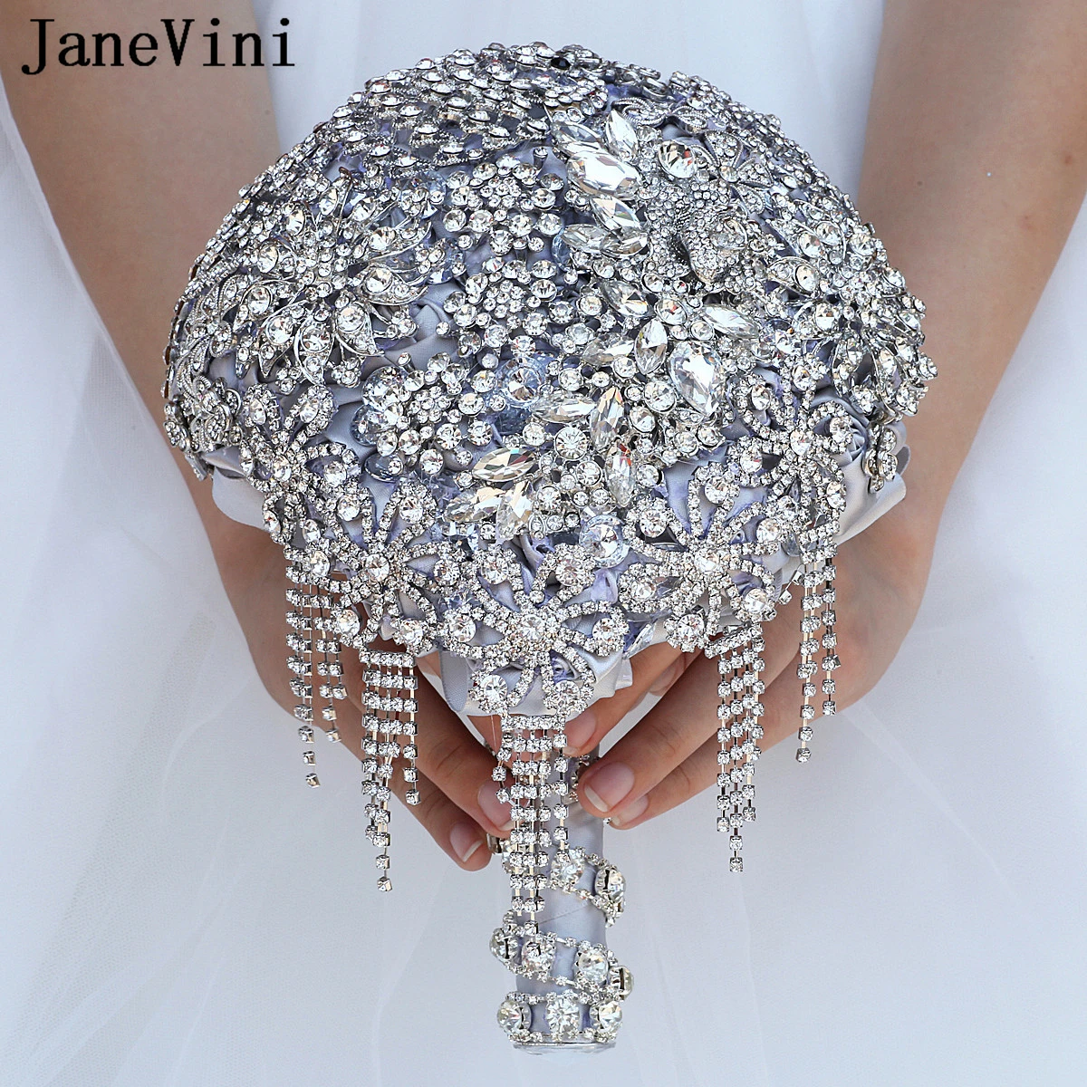 JaneVini Luxury Rhinestone Jewelry Waterfall Wedding Bouquets Artificial Silver Gray Bling Beaded Tassels Bridal Flowers Bouquet