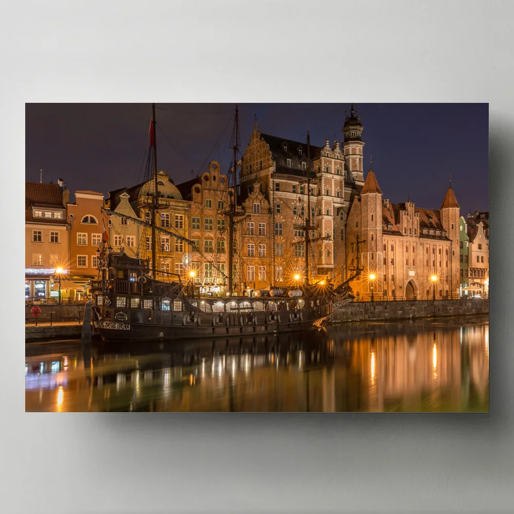 Modern Art Print Poster Houses Gdansk Poland Ships Sailing Night Canal Wall Picture Canvas Painting for Living Room Decor