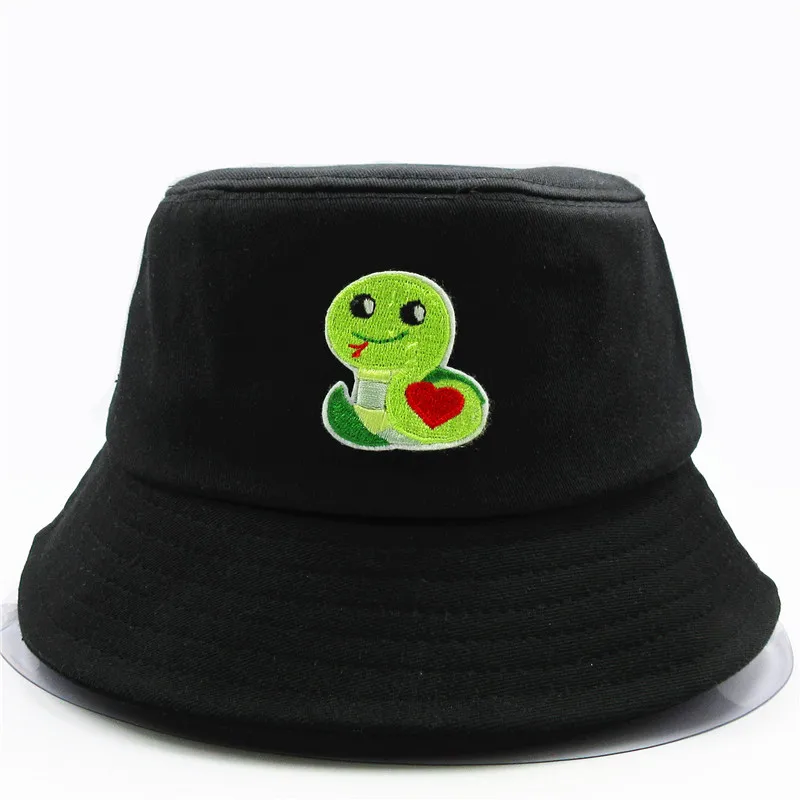 2021 Cartoon Snake Embroidery Cotton Bucket Hat Fisherman Hat Outdoor Travel Hat Sun Cap Hats for Men and Women 322