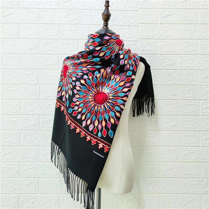 Scarf Hot Sale Women Blanket Embroider Flower Pashmina Cashmere-like Winter Warm Fine Tassels  Fashion Shawl Scarves