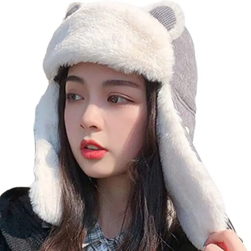 Winter Women Warm Fur Bomber Hats with Mask Chenille  Ear Prorector Visor Caps For Girls