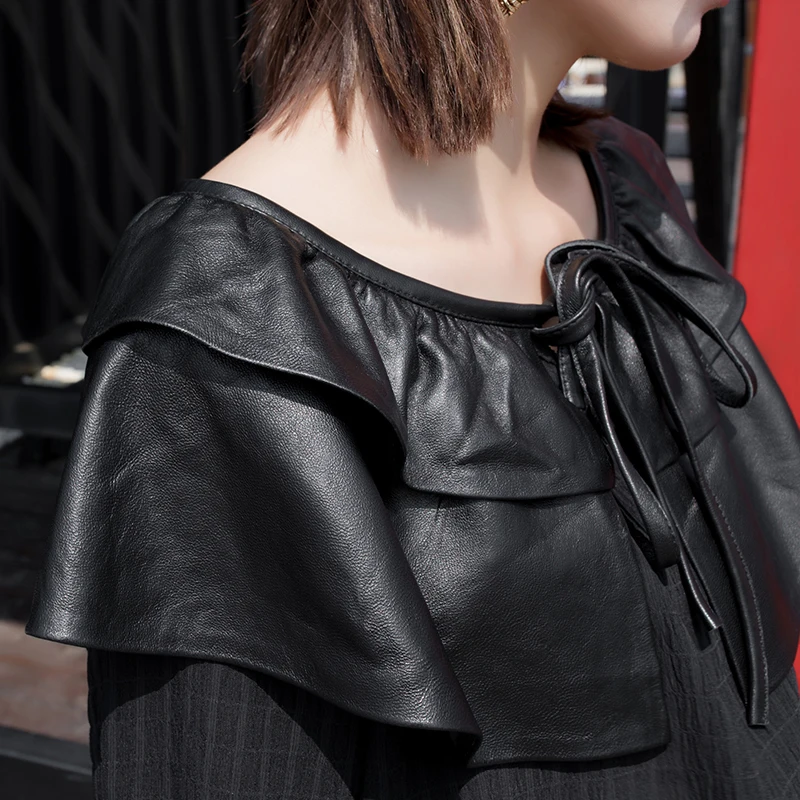 New Bottom Shirt Female Loose Chiffon Real Sheep Leather Spliced Sheepskin Women Solid Black Long Sleeve Fashion Blouse