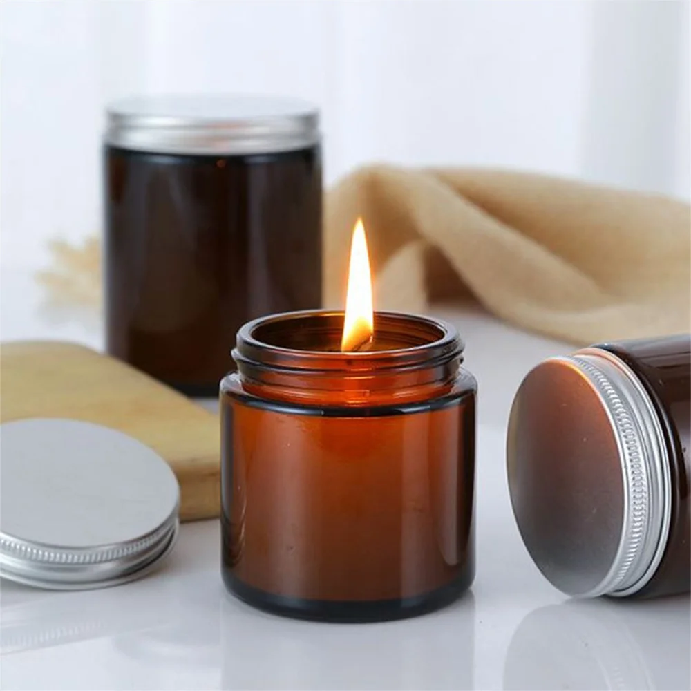 

100ml/200ml DIY Scented Candle Container Homemade Candle Jar Cup Holder Glass Perfume Bottle Aroma Bottle with Cover (Brown)