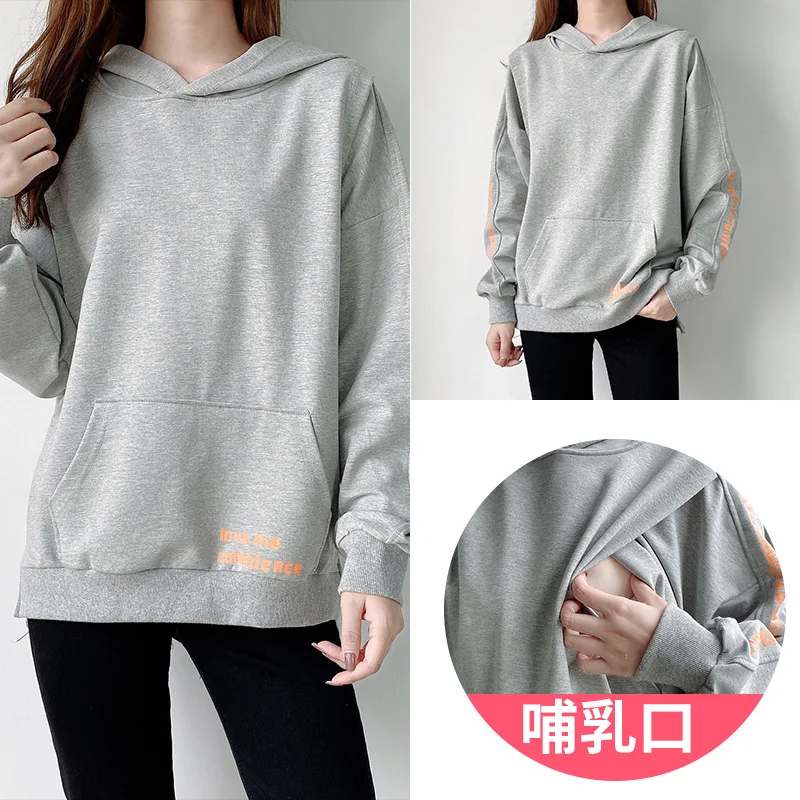 

Winter Maternal Clothes Pure Cotton Breastfeeding Sweater Pullover Front Pocket Gary High Quality Pregnancy Clothes