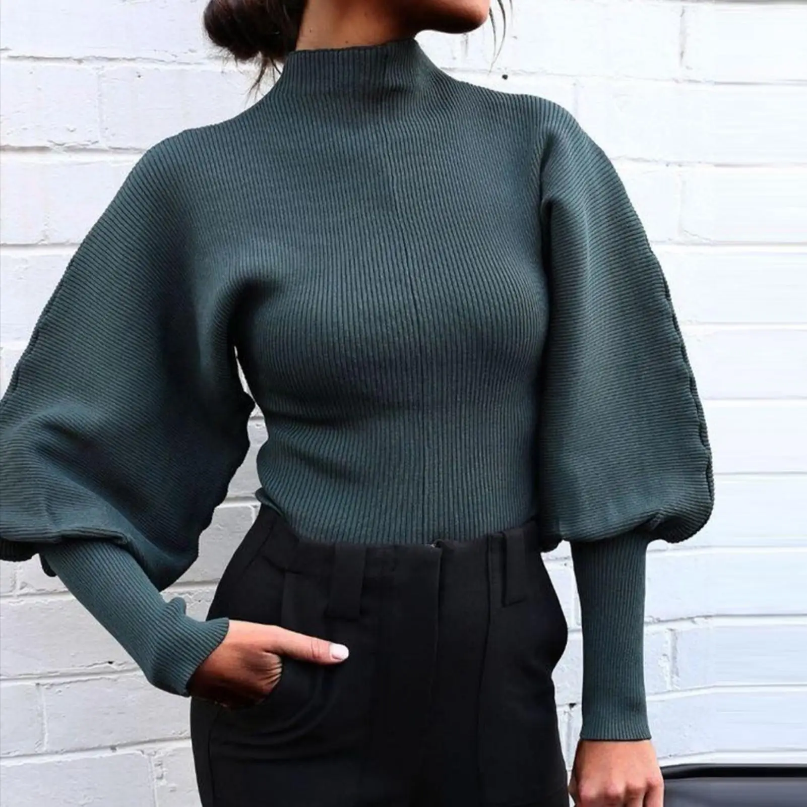 

Fashion Knitted Sweaters Women Autumn Solid Color Sweater Turtle Neck Long Puff Sleeve Knitted Pullover Top Women Jumper