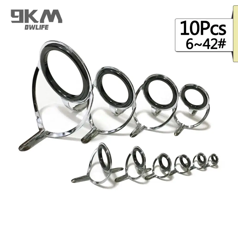 10Pcs Fishing Rod Guides Rod Repair Kit Line Rings Eye Sets Mixed Size Stainless Steel Freshwater Saltwater Fishing 6~42# 4~38mm